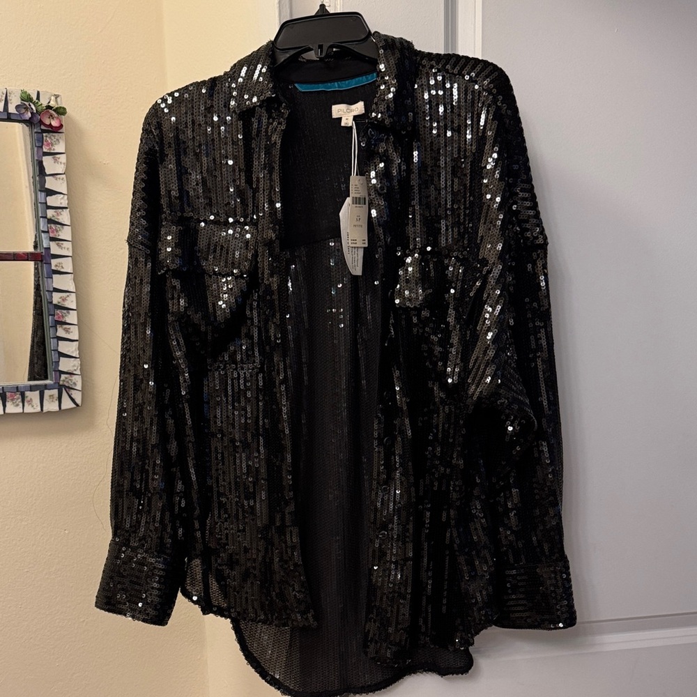 Pilcro Shiny Black Sequin shirt (Anthropologie)